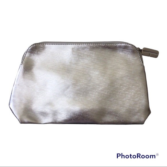 Clinique Silver Metallic Pouch | Cosmetic | Travel Bag With Pocket - Picture 2 of 8